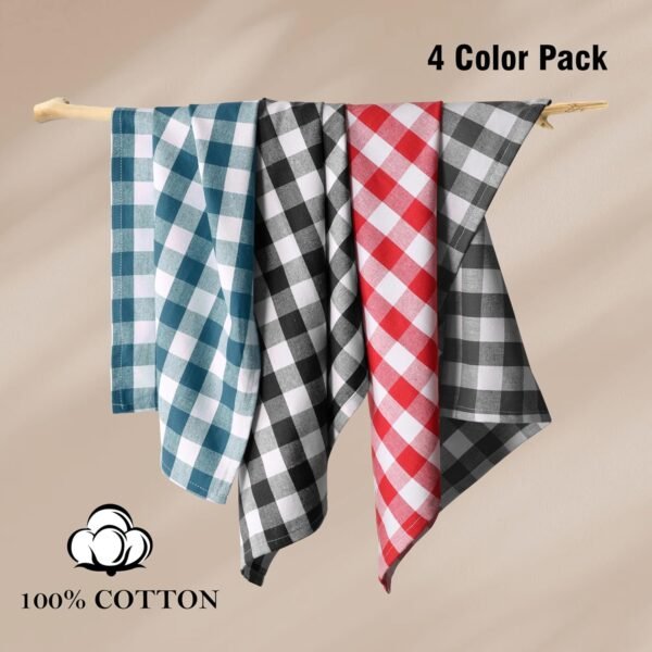 Gingham Buffalo Check Kitchen Towels, 4 Pack, 16x26 Inches, 100% Cotton - Super Absorbent, Quick Drying, Hand Towels for Drying Dishes, Dish Cleaning Towels with Hanging Loop, Multi - Image 2