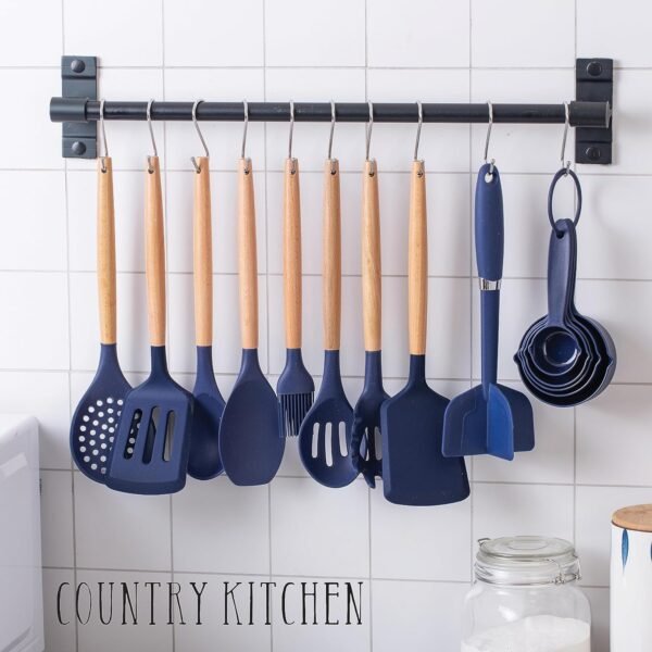 Country Kitchen Non Stick Silicone Utensil Set with Rounded Wood Handles for Cooking and Baking, 38 Piece Set, Navy - Image 7