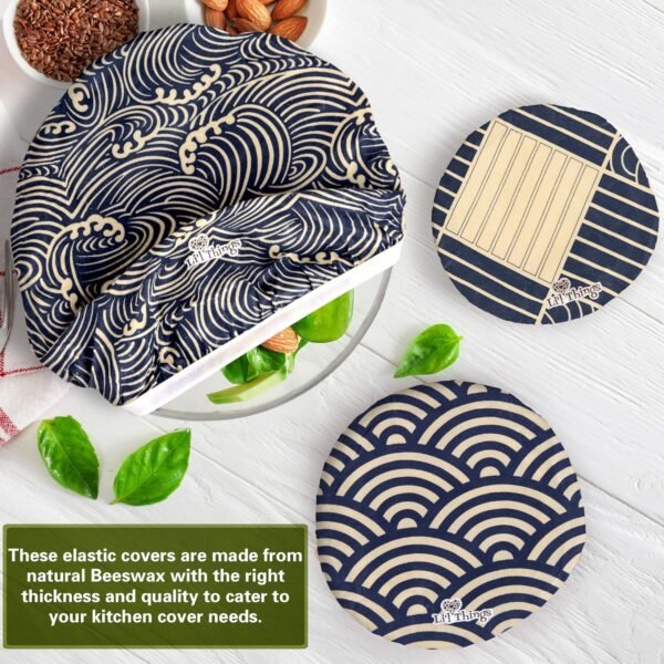 Li'l Things Eco-friendly Beeswax Bowl Covers | Improved Beeswax Coating | Elastic Food Storage Covers | Reusable Lids For Food, Fruits and Leftover | 5 Sizes | 3 Different Themes | Japanese Waves - Image 8