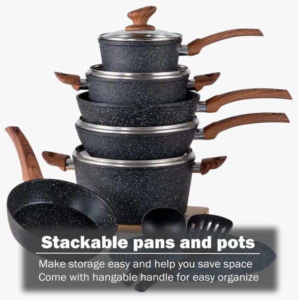 Kitchen Academy Induction Cookware Sets - 12 Piece Cooking Pan Set, Granite Black Nonstick Pots and Pans Set - Image 5