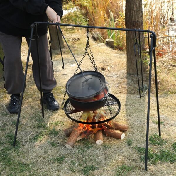 REDCAMP Grill Swing Campfire Grill Stand with Iron Grill Grate, Collapsible Campfire Cooking Rack w/6 Hooks, Portable Cookware Hanging Rack Outdoor Camping Bonfire for Cookware & Dutch Oven, Round - Image 3