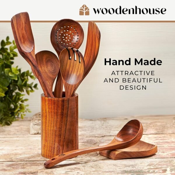 Wooden Spoons for Cooking, Wooden Cooking Utensils Set, Wooden Utensil Set with Holder, Spoon Rest & Hooks, Kitchen Gifts for Women, Kitchen Cookware – Durable Set of 8pcs by Woodenhouse - Image 6