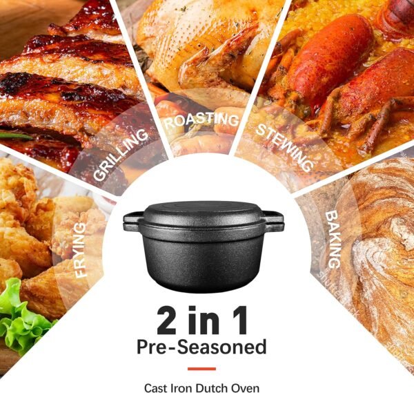 Pre-Seasoned Cast Iron 2-In-1 Heavy-Duty 5.5qt Dutch Oven With Skillet Lid Set, Oven,Grill, Stove Top, BBQ and Induction Safe - Image 5
