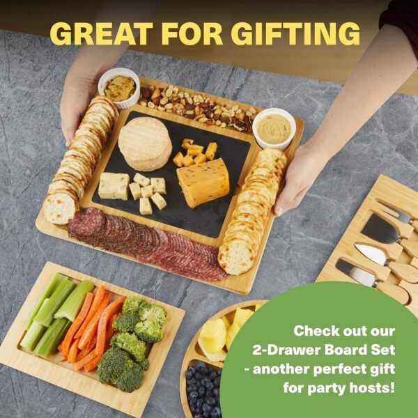Dynamic Gear Charcuterie Boards with Drawers - Expandable Bamboo Cheese Board Set with Stainless Steel Utensils, Ceramic Bowls, Serving Trays, Utensil Drawer, and Appetizer Tray - 4 Hidden Drawers - Image 9