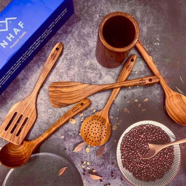 Premium Teak Healthy Spoons, Durable Eco-friendly Spatula, Wooden Utensils for Cooking set with Holder & Canvas Bag, Wooden Cooking Utensils, Cooking Gifts for Mom, Wooden Spoons for Cooking - Image 5