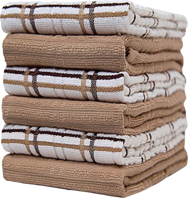 Dish Towel 16"x26" | Tan Windowpane Design | Kitchen Hand Towels, Large Tea Towel Set | Dish Towels for Kitchen | Natural Ring Spun Cotton Dish Towel | Soft, Highly Absorbent | 400 GSM – 6 Pack