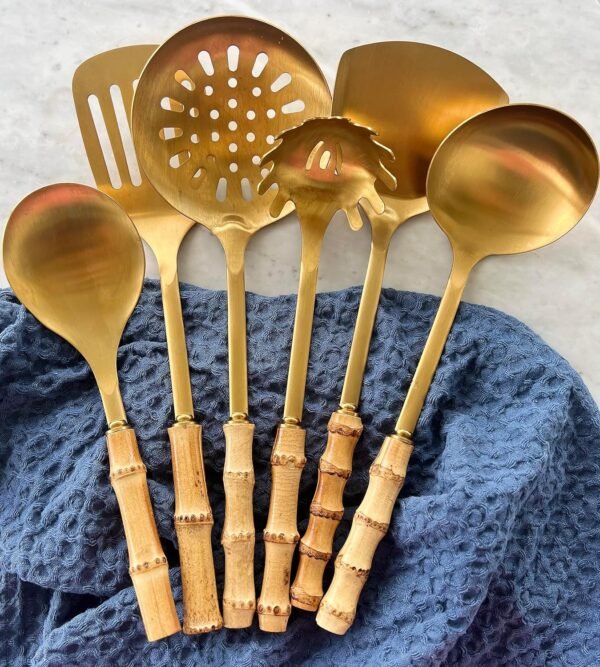 Bamboo Stainless Steel Cooking Tools Utensils Stainless - Brass/Gold Cooking and Serving Utensils - Gold Kitchen Utensils - Bamboo Wood Handled Gold Kitchen Utensils For Gold Kitchen - Image 5