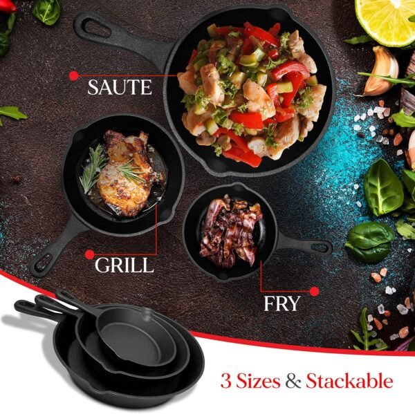 NutriChef Pre-Seasoned Cast Iron Skillet Pans - 3 Pieces Kitchen Frying Pan Nonstick Cookware Set w/Drip Spout - Includes Scraper - Electric Stovetop, Induction, Gas Range, Ceramic - NutriChef NCCI76 - Image 5