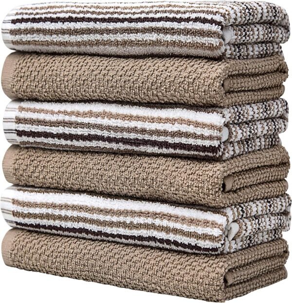 Kitchen Towels 16”x 26” - 6 Pack | Large Cotton Kitchen Hand Towels | Dish Towels | Popcorn Stripe Design | 430 GSM Highly Absorbent Tea Towels Set with Hanging Loop | Dish Towels for Kitchen | Tan - Image 4