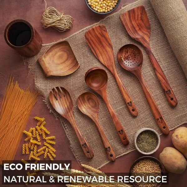Wooden Spoons for Cooking, Wooden Cooking Utensils Set, Wooden Utensil Set with Holder, Spoon Rest & Hooks, Kitchen Gifts for Women, Kitchen Cookware – Durable Set of 8pcs by Woodenhouse - Image 9