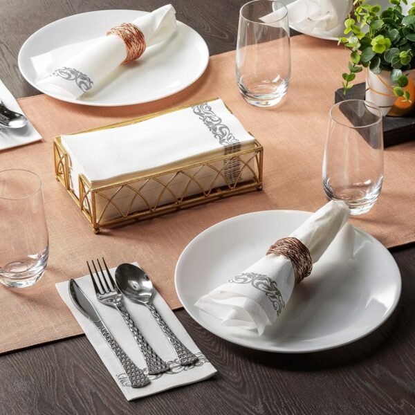 50-Pack Disposable Linen-Feel Guest Towels For Bathroom - Decorative White Hand Towels, Silver Floral Paper Napkins - Image 4