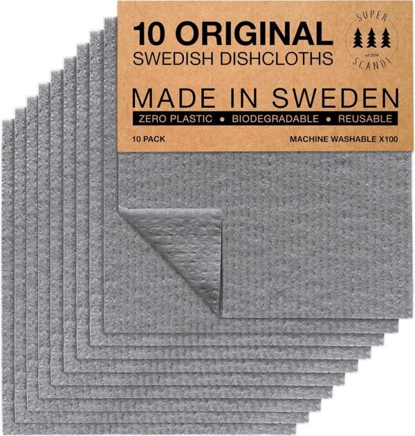 SUPERSCANDI Swedish Dish Cloth 10 Pack Eco Friendly Reusable Sustainable Biodegradable Cellulose Dish Cloths Kitchen Dish Rags Washing Wipes Paper Towel Replacement Washcloths (10 Pack Grey)