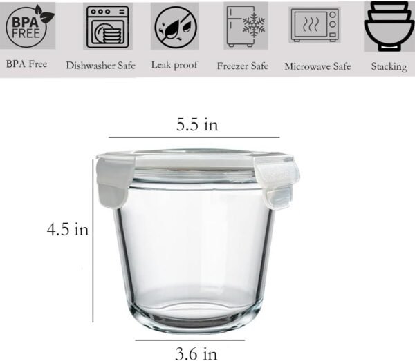 24 Oz Glass Food Storage Container Set, 3 Cup Soup Container with Airtight Lids, Round Glass Meal Prep Containers, Leakproof Glass Soup Storage Container, Microwave & Freezer Safe (4 Pack) - Image 2