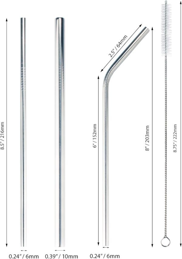 BambooMN Reusable Stainless Steel Metal Drinking Straws - 8.5" Thick Straight Straws w/ 1x Cleaning Brush - 6 Pack - Image 4
