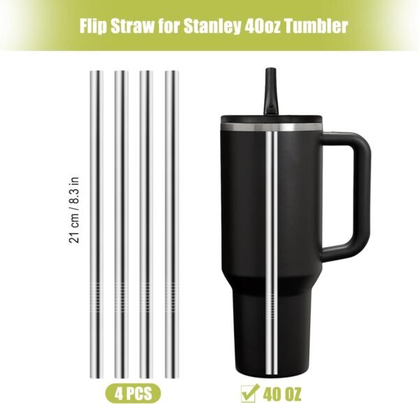 4pcs Flip Straw for Stanley 40oz Tumbler, Metal Straw Replacement for Stanley Flip Straw Lid, Reusable Stainless Steel Straws for Stanley Cup, With 2 Straw Cleaner (Does Not Include Lid) - Image 2
