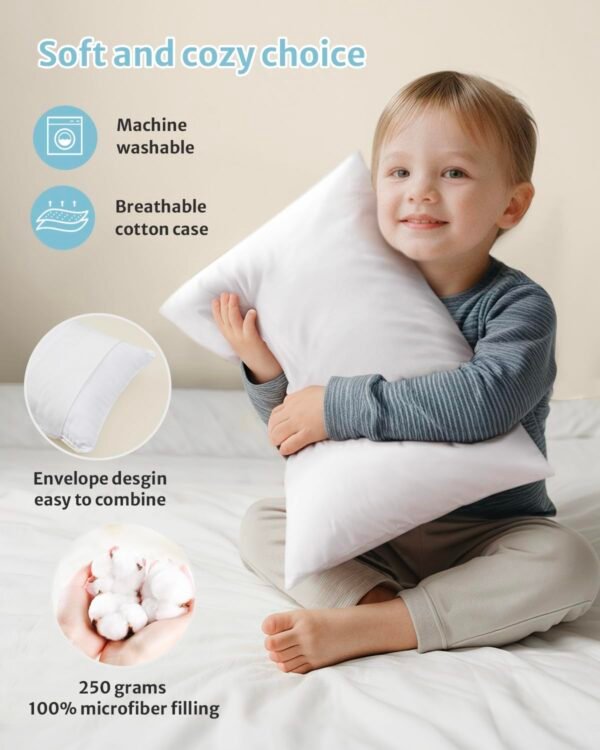 Babebay Toddler Pillow,13X18 Soft Toddler Pillows for Sleeping, Machine Washable Kids Pillow with Cotton Pillowcase, Perfect for Travel (White) - Image 3