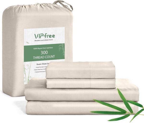 Queen Sheet Set, 100% Rayon Derived from Bamboo, 4-Piece, 16 Inch Deep Pockets, Cooling Sheets for Queen Size Bed Set, Breathable & Silky Soft, Hotel Bedding Sheets & Pillowcases, Sand