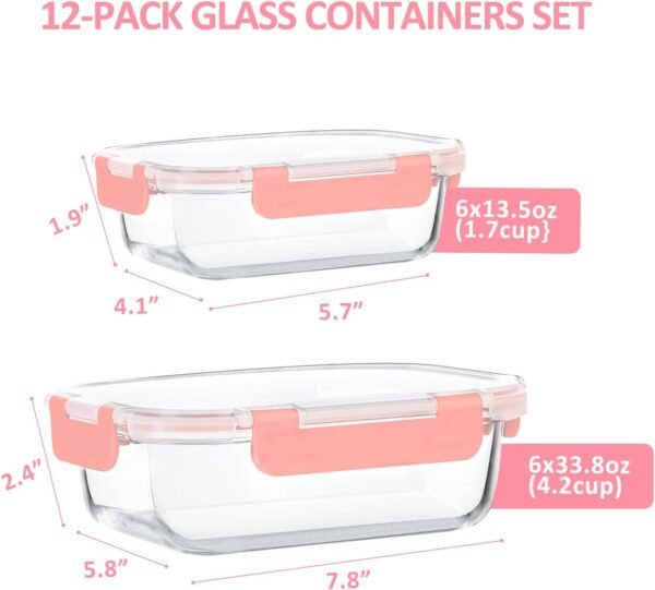 KOMUEE 12 Packs Glass Meal Prep Containers Set, Glass Food Storage Containers with Locking Lids, Airtight Glass Lunch Containers, Microwave, Oven, Freezer & Dishwasher Friendly, Pink - Image 2