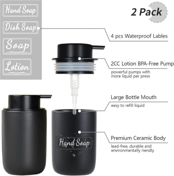 BosilunLife Black Soap Dispenser Set - 2 Pack 12oz Ceramic Dish Soap Dispenser with Rust Proof Pump for Kitchen, Hand Soap and Lotion Set Suitable for Farmhouse Bathroom Decor with Waterproof Labels - Image 2
