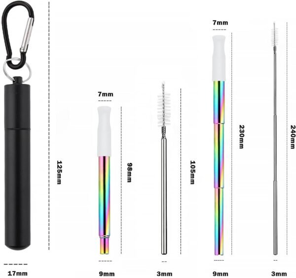 Metal Straws Reusable Straws, Cruise Ship Essentials，Car Essentials, Include 1 Colorful Collapsible Stainless Steel Straw, 1 Silicone Tip，1 Brush and 1 Keychain（Black/Silver/Rose Gold/Blue） - Image 2