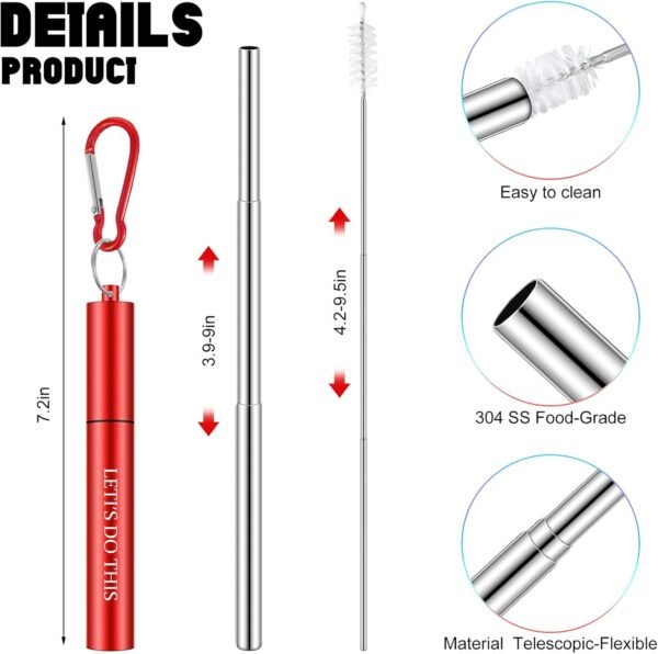 Zubebe 8 Pcs Reusable Travel Straw Reusable Collapsible Portable Reusable Straws Stainless Steel Drinking Straw, Silicone Straw Tip, Cleaning Brushes and Keychain (Stylish Style) - Image 2