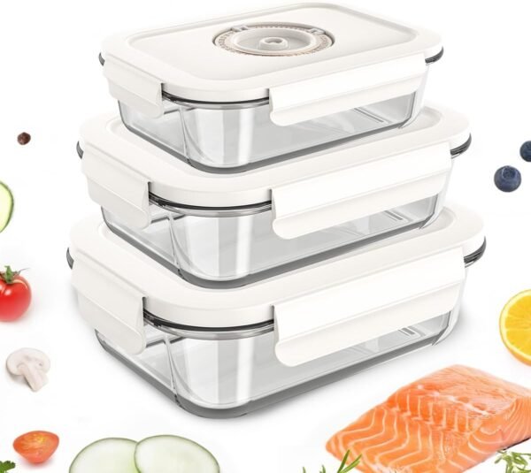 Vacuum Food Containers Set, Glass Vacuum Seal Containers for Food, Easy clean Food Saver Containers for fruit preservation, Marinade container, Freezer Storage (Rectangular-Glass-3pc)