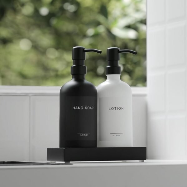 Black Soap Dispenser Bathroom Set - Hand Soap and Lotion Dispenser Set with Tray,Modern Bathroom Decor & Accessories.(Black White) - Image 3