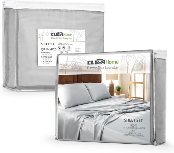 Cleva Sheets Queen Bed Sheet Set, 100% Rayon derived from Bamboo, Luxuriously Soft, Cooling, Double Stitching, 16" Deep Pockets (Queen, Silver) - Image 7