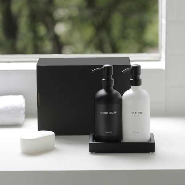 Black Soap Dispenser Bathroom Set - Hand Soap and Lotion Dispenser Set with Tray,Modern Bathroom Decor & Accessories.(Black White) - Image 6