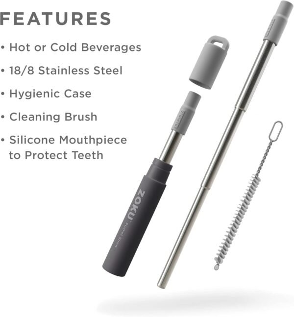ZOKU - Reusable Straw with Case for Travel, Work and On the Go, Collapsible Stainless Steel Metal Straw with Silicone Mouthpiece, Ideal for Key Chains, Pockets, Purses and More (Grey Pocket Straw) - Image 2