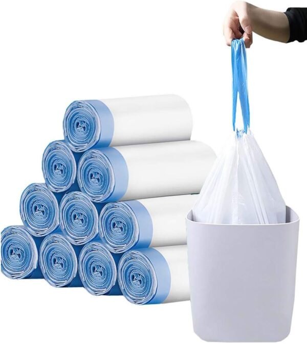 Biodegradable Trash Bags, 2-4 Gallon, Extra Thick 0.79 MIL Drawstring Small Wastebasket Bag Recycling Garbage Bags for Kitchen Bathroom Yard Office Wastebasket Car, 17.7 ×19.7 inch (5 Rolls)
