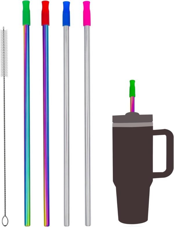 40 oz Stainless Steel Straws, 12'' Extra Long 8mm Wide Reusable Metal Straws Replacement for 40 30 oz Tumbler, with Silicone Tip Cleaning Brush, Set of 4