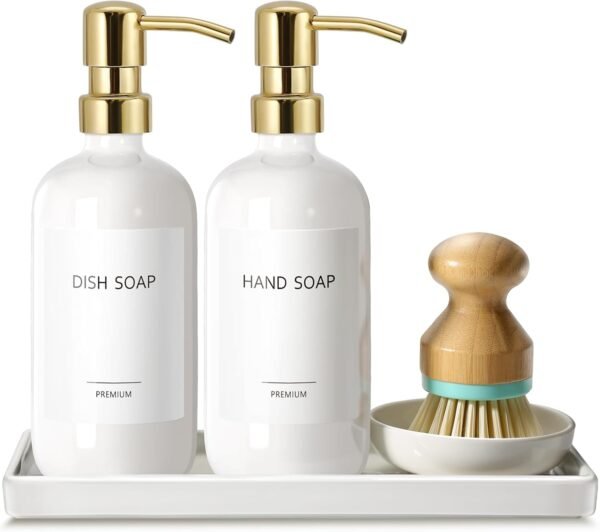 GMISUN Kitchen Soap Dispenser, 16 Oz Kitchen Dish Soap Dispenser Set with Ceramic Tray & Bamboo Brush, 2Pcs Farmhouse Dish Soap Dispenser for Kitchen, Modern White Glass Liquid Hand Soap Dispenser