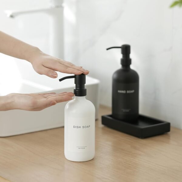 Black Soap Dispenser Bathroom Set - Hand Soap and Lotion Dispenser Set with Tray,Modern Bathroom Decor & Accessories.(Black White) - Image 7