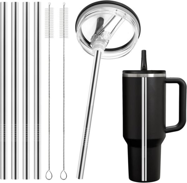 4pcs Flip Straw for Stanley 40oz Tumbler, Metal Straw Replacement for Stanley Flip Straw Lid, Reusable Stainless Steel Straws for Stanley Cup, With 2 Straw Cleaner (Does Not Include Lid)