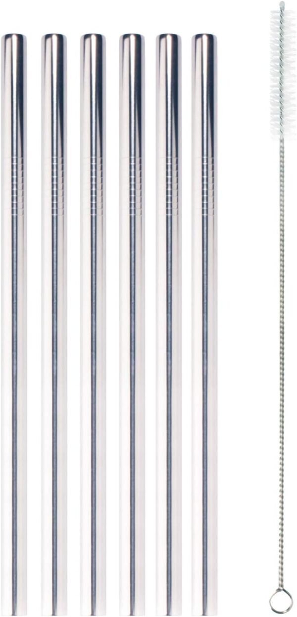 BambooMN Reusable Stainless Steel Metal Drinking Straws - 8.5" Thick Straight Straws w/ 1x Cleaning Brush - 6 Pack