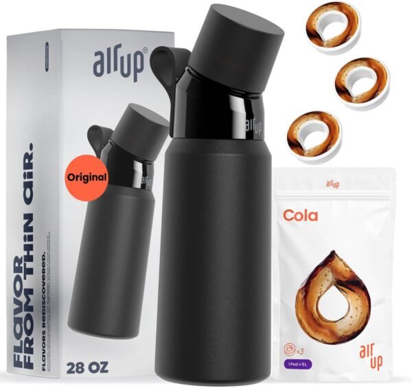 air up® water bottle (28oz) Black Steel + 3 Cola pods | Sugar free flavor pods & Water bottles with straw | Flavored water bottle