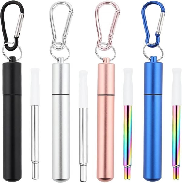 Metal Straws Reusable Straws, Cruise Ship Essentials，Car Essentials, Include 1 Colorful Collapsible Stainless Steel Straw, 1 Silicone Tip，1 Brush and 1 Keychain（Black/Silver/Rose Gold/Blue）