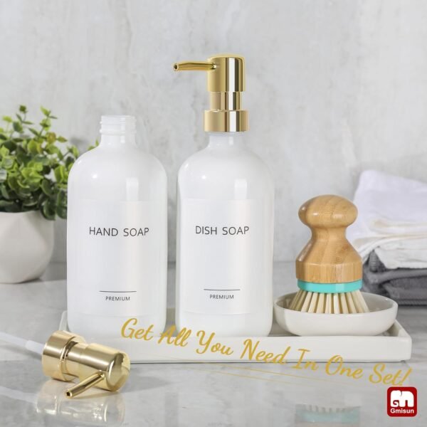 GMISUN Kitchen Soap Dispenser, 16 Oz Kitchen Dish Soap Dispenser Set with Ceramic Tray & Bamboo Brush, 2Pcs Farmhouse Dish Soap Dispenser for Kitchen, Modern White Glass Liquid Hand Soap Dispenser - Image 2