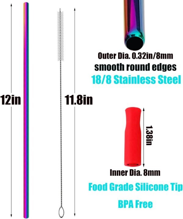 40 oz Stainless Steel Straws, 12'' Extra Long 8mm Wide Reusable Metal Straws Replacement for 40 30 oz Tumbler, with Silicone Tip Cleaning Brush, Set of 4 - Image 2