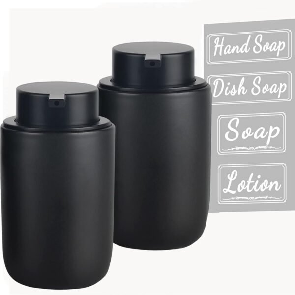 BosilunLife Black Soap Dispenser Set - 2 Pack 12oz Ceramic Dish Soap Dispenser with Rust Proof Pump for Kitchen, Hand Soap and Lotion Set Suitable for Farmhouse Bathroom Decor with Waterproof Labels