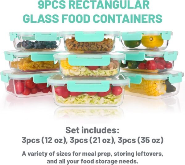Moretoes Glass Food Storage Containers, 9pcs, Glass Meal Prep Containers, Glass Airtight Leakproof Containers Set, Glass Storage Containers with Lids - Image 2