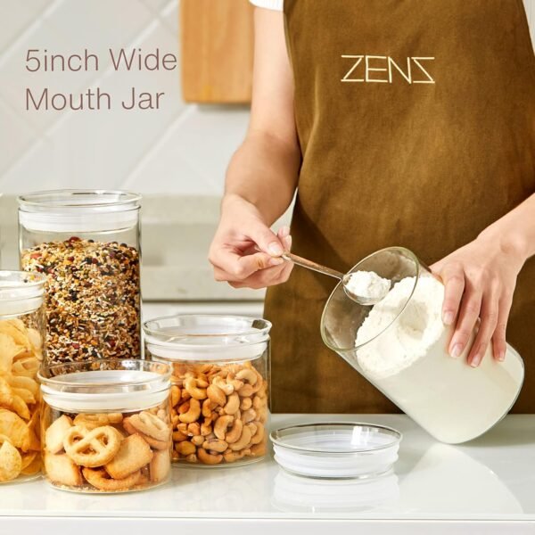 ZENS 74 fl.oz Glass Storage Containers with Airtight Lids, 2 Set 4.7in Wide Mouth Clear Food Storage Jars for Kithen Pantry Baking Flour, Clear Glass Canisters Sets for Pasta, Coffee Beans, Rice - Image 2