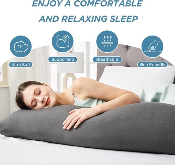 Litanika Body Pillow Insert with Cover, 100% Jersey Cotton Long Pillow for Side Sleeper, Pregnancy Pillows for Sleeping, Knit Cotton Breathable Fluffy Soft Full Body Pillow for Adults, Grey, 20"x54" - Image 3