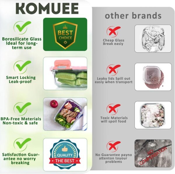 KOMUEE 12 Packs Glass Meal Prep Containers Set, Glass Food Storage Containers with Locking Lids, Airtight Glass Lunch Containers, Microwave, Oven, Freezer & Dishwasher Friendly, Pink - Image 3
