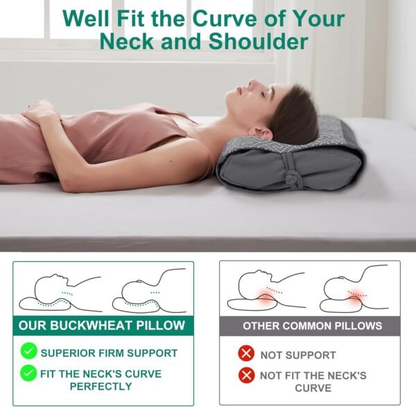 Buckwheat Pillow for Sleeping with Washable Organic Cotton Cover for Adult Neck Pain Relief, Adjustable and Breathable Neck Support Pillow, Natural Buckwheat Hull Pillow for Back and Side Sleepers - Image 6