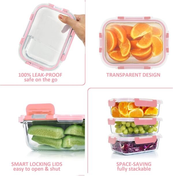 KOMUEE 12 Packs Glass Meal Prep Containers Set, Glass Food Storage Containers with Locking Lids, Airtight Glass Lunch Containers, Microwave, Oven, Freezer & Dishwasher Friendly, Pink - Image 4