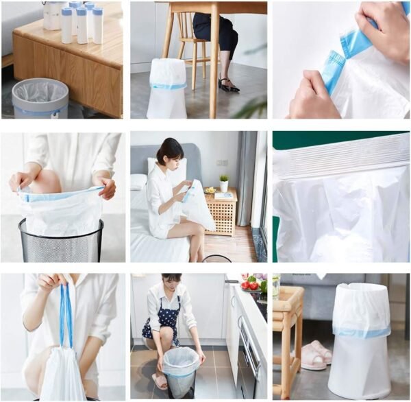 Biodegradable Trash Bags, 2-4 Gallon, Extra Thick 0.79 MIL Drawstring Small Wastebasket Bag Recycling Garbage Bags for Kitchen Bathroom Yard Office Wastebasket Car, 17.7 ×19.7 inch (5 Rolls) - Image 4
