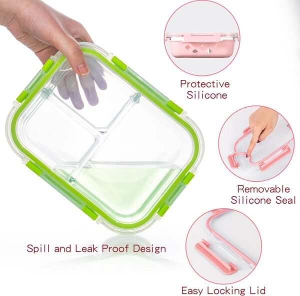 5 Pack Glass Meal Prep Containers 3 Compartment with Lids, Divided Glass Storage Containers with Silicone Sleeve for Lunch, Leak-Proof Portion Control Food Containers, Dishwasher Safe, 34 oz - Image 3