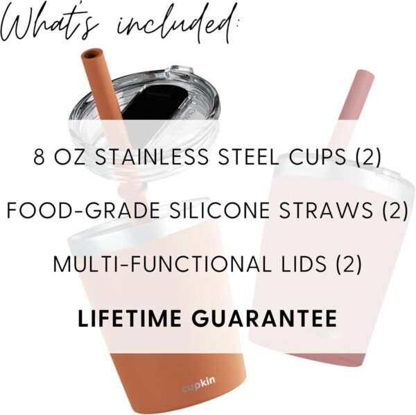 CUPKIN Steel Cup - The Original 8 oz Stackable Stainless Steel Silicone Straw Cup - Set of 2 Powder Coated Insulated Toddler Cups + BPA Free Lids + Food Grade Reusable Silicone Straws (Rust + Salmon) - Image 3